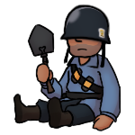 BLU Soldier from Team Fortress 2 sitting down with a shovel in hand.